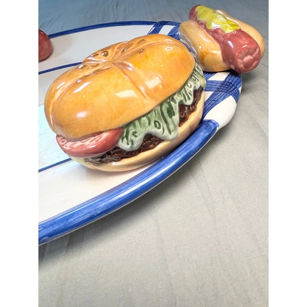 Vtg 90s lotus Ceramic BBQ Picnic Platter & Napkin Holder Set  Hot Dog hamburger